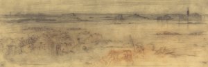 Meereslandschaft mit befestigter Stadt rechts, Inseln links und einem Cottage im Vordergrund, ca. 1882