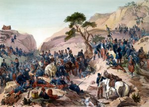 Episode der Eroberung Algeriens im Jahr 1840 - Schlacht am Mouzaia-Pass (1840) - Der Herzog von Orleans übt das Kommando in der französischen Armee aus - Gravur von Philippoteaux - Die französische Armee gewinnt die Schlacht um den Bergpass von Mouzaia am 