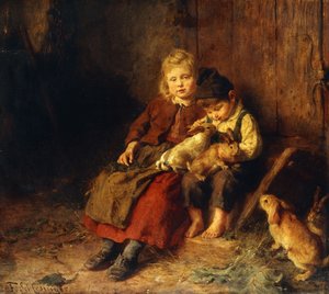 Zwei Kinder spielen mit Kaninchen von Felix Schlesinger