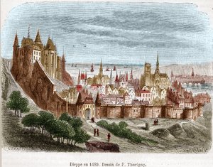 Die Stadt Dieppe mit ihrer Burg (Seine Maritime) (76) in der Normandie im Jahr 1489.