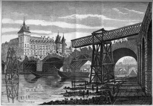 Umgestaltungen von Paris unter dem Zweiten Kaiserreich, Haussmann Paris: Abriss der Pont au Change (1639-1647) und Installation der provisorischen Brücke. Gravur von Felix Thorigny in „Le Monde Illustré“ Nr. 78 vom 9. Oktober 1858.