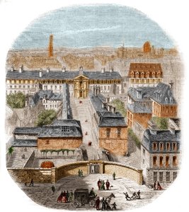 Ansicht der Gobelins-Manufaktur in Paris, mit dem Kapuzinerkloster, dem Observatorium und dem Schloss der Königin Blanche. Gravur von Thorigny