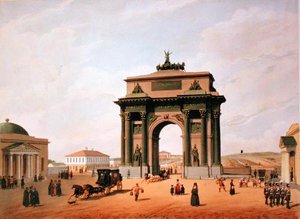 Der Triumphbogen auf dem Tverskaya-Platz in Moskau, gedruckt von Lemercier, Paris, 1840er Jahre