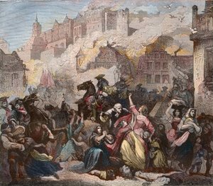 Zerstörung von Heidelberg durch die Franzosen unter General Ezechiel de Mélac, 2. März 1689 - Heidelberger Schlossbrand - 1689 - Neunjähriger Krieg - Krieg der Großen Allianz - Krieg der Augsburger Liga