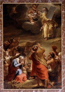 Moses steigt vom Berg Sinai mit den Zehn Geboten herab