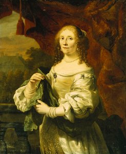 Porträt einer Dame, stehend in Dreiviertellänge, in einem weißen Satinkleid mit einem grünen Schal vor einem roten Vorhang auf einem Balkon, eine Landschaft dahinter von Ferdinand Bol