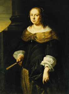 Porträt einer Dame, Dreiviertellänge, in einem schwarzen und grünen Kleid, einen Fächer haltend, auf einer Portikus von Ferdinand Bol