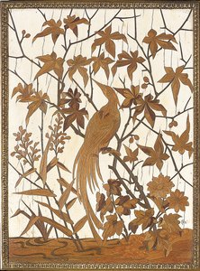 Intarsienplatte mit einem exotischen Vogel inmitten von Laub im Sumpfland, Maison Grioux von Ferdinand Duvinage