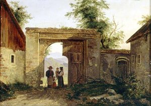 Ein Bauernhof mit Bauern am Tor von Ferdinand Georg Waldmuller