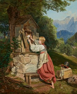 Ein Mädchen schmückt die Mutter Gottes mit einer Rose von Ferdinand Georg Waldmuller