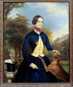 Porträt einer Frau in einer Amazonentracht mit ihrem Hund von Ferdinand Georg Waldmuller