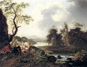 Flusslandschaft mit Wasserfall, rastendem Wanderer, Hirten mit Kühen und Ziege sowie drei Reisenden