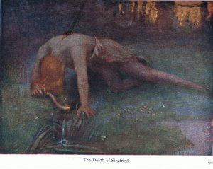 Der Tod von Siegfried, Illustration aus Die Geschichten von Wagners Opern, veröffentlicht von George Harrap & Co Ltd, 1932 von Ferdinand Lecke
