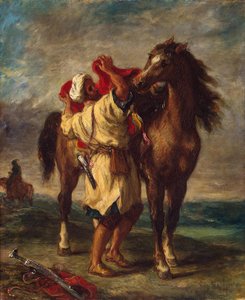 Araber sattelt sein Pferd von Ferdinand Victor Eugene Delacroix