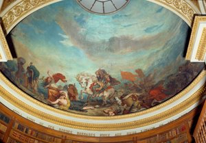 Attila (395-453) Anführer des Hunnenstammes, gefolgt von seinen barbarischen Horden, überfällt Italien im Jahr 452 Fresko von Eugene Delacroix (1798-1863)