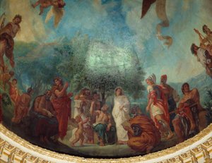 Abstieg in die Unterwelt: die Gruppe der Berühmten: von links nach rechts, Demosthenes (sitzend), Xenophon, Platon und Sokrates, Aspasia (weiß), Apelles, Alexander der Große, Aristoteles und Achilles sitzend, Gemälde von Eugene Delacroix