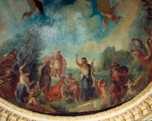 Abstieg in den Limbus: die Gruppe der Römer. Von links nach rechts, Pyrrhus, Hannibal, Trajan, Cicero, Porcia, Julius Caesar (im Hintergrund), Marc Aurel, Cato von Utica (stehend in der Mitte), Cincinnatus.