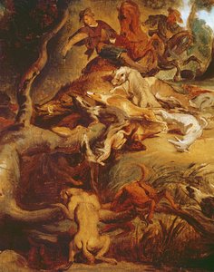 (Detail) Die Wildschweinjagd, nach einem Gemälde von Rubens, ca. 1840-50 von Ferdinand Victor Eugene Delacroix