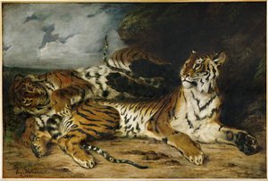 Junger Tiger spielt mit seiner Mutter von Ferdinand Victor Eugene Delacroix