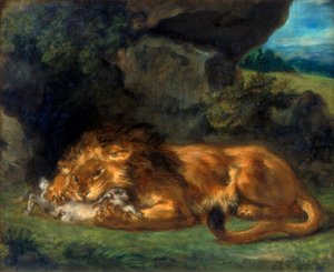Löwe, der ein Kaninchen verschlingt, 19. Jahrhundert von Ferdinand Victor Eugene Delacroix