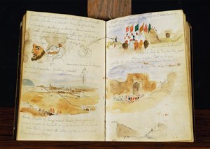 Skizzen von Arabern, Landschaften von Marokko, arabische Menschenmengen, Tor von Meknes und handschriftliche Notizen von Ferdinand Victor Eugene Delacroix