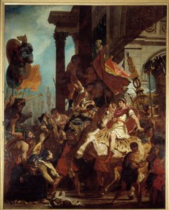 Die Gerechtigkeit des Trajan. Eine Witwe, deren Sohn getötet wurde, sucht Gerechtigkeit bei Kaiser Trajan (Marcus Ulpius Trajanus, 53-117), der in den Krieg zieht. Illustration des Fegefeuers in „La Divina Commedia“ (Göttliche Komödie) von Dante Alighieri.