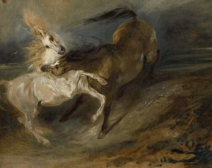 Zwei kämpfende Pferde in einer stürmischen Landschaft, ca. 1828 von Ferdinand Victor Eugene Delacroix