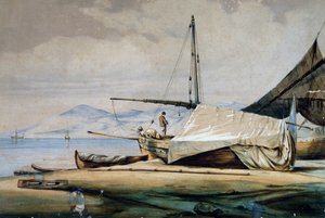 Leudi, ligurisches Fischerboot, Farblithographie von Ferdinand Perrot von Ferdinand Victor Perrot
