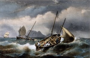 Sardinenfischen entlang der Küste der Bretagne, Farblithographie von Ferdinand Perrot von Ferdinand Victor Perrot