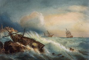 Schiffswrack an der Küste von Saint Nazaire, Farblithographie von Ferdinand Perrot