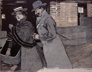 Mann belästigt eine junge Frau. Illustration von F. Von Reznicek in: Simplicissimus, Deutschland