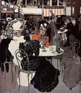 Frau spricht an einem Tisch vor einem Café. Illustration von Von Reznicek in: Simplicissimus, Deutschland