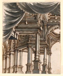 Bühnenbild: Palastatrium, gestützt von Säulen und Pfeilern