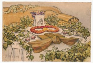 Namenstag der Frau des Künstlers, mit Grün geschmücktes Sofa und Tisch von Ferdynand Ruszczyc