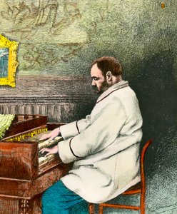 Porträt von Emile Zola beim Orgelspielen. Gravur von Desmoulin von Fernand Desmoulin
