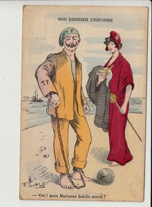 Postkarte, satirisch in Farben: Ihre letzte Uniform - Krieg von 14-18 - Marianne, Wilhelm II. Illustration von Gottlob (1873-1935)