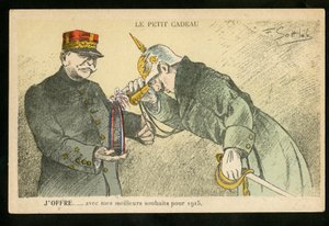 Postkarte, Satirisch in Farben, ca. 1914_12: Ein kleines Geschenk, das ich mit meinen besten Wünschen für 1915 anbiete - Krieg von 14-18, Kanonen, Granaten - Wilhelm II., Joffre Illustration von Gottlob (1873-1935)