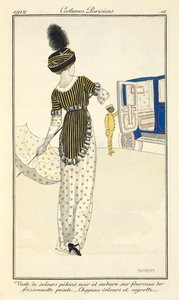 Veste de velours pékiné noir et auburn sur fourreau de frissonnette peinte. Chapeau velours et aigrette. von Fernand Siméon