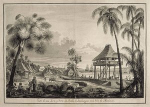 MALASPINA, Alejandro (1754-1809). Italienisch-spanischer Navigator und Entdecker.; BRAMBILA, Fernando (1763-1834). Malaspina-Expedition. Philippinen (1792). Dorf Zamboanga. Zeichnung von Fernando Brambila. Spanien. Madrid von Fernando Brambila