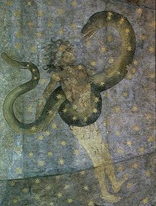 Ein Mann und eine Schlange, Detail aus dem Cielo de Salamanca, ca. 1480-90 von Fernando Gallego