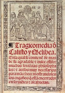 Miniatur auf Pergament auf dem Einband der Celestina oder Tragicomedia de Calisto y Melibea, spanisches Manuskript von Fernando de Rojas, veröffentlicht 1531