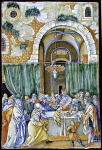 Tafel darstellend Die Ablehnung von Joachims Opfer, wahrscheinlich von Ferruccio Mengaroni nach Albrecht Dürer ca. 1900-25, Italien, aus Pesaro von Ferruccio Mengaroni