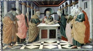 Die Darstellung im Tempel, Predella-Tafel zum Geburt Christi Altarbild im Museo Civico von Filippino (and workshop) Lippi