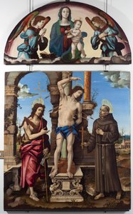 Der heilige Sebastian umgeben von Johannes dem Täufer und Franz von Assisi. Zentrales Panel. Oben die Jungfrau mit Kind. Holzgemälde von Filippo Lippi (1451-1504) von Filippino Lippi