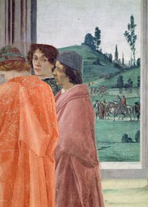 Der Streit mit Simon Mago und die Kreuzigung von St. Peter Detail von drei Figuren, die die Kreuzigung beobachten, zentrales Porträt vermutlich von Filippinos Lehrer Botticelli, ca. 1480 Fresko