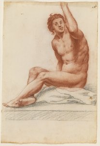 Männliche Figur, die nach links gedreht ist, mit dem linken Arm nach oben greifend, auf einem Tuch sitzend