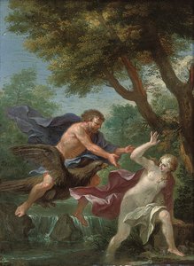 Eine bewaldete Flusslandschaft mit Jupiter, der eine Flussnymphe verfolgt von Filippo Lauri
