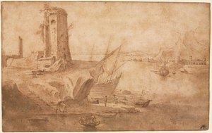 Landschaft mit Turm am Meer
