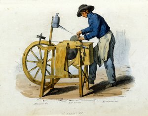 Kleingewerbe der Stadt Neapel: ein Messerschleifer. Gravur nach einem Gemälde von F. Palizza. Aus einem Werk von Francesco de Bourcard „Costumi del regno di Napoli“