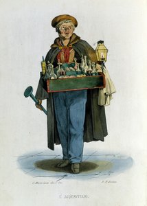 Kleingewerbe der Stadt Neapel: ein reisender Branntweinverkäufer. Gravur nach einem Gemälde von F. Palizza. Aus einem Werk von Francesco de Bourcard „Costumi del regno di Napoli“ von Filippo Palizzi